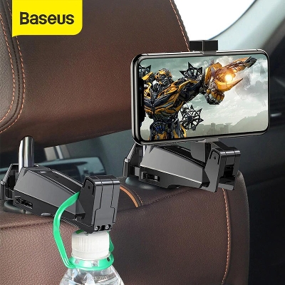 Picture of Baseus 2 in1 Car Headrest Hook with Phone Holder Back Seat Hook for Bag Handbag Fastener Backseat Organizer Multifunction Clip