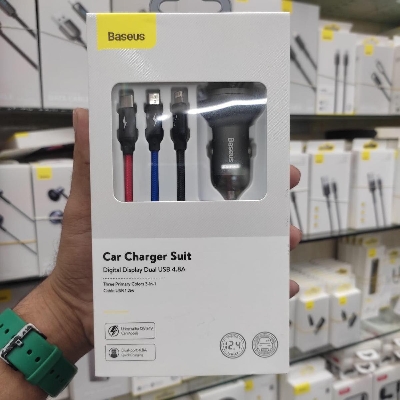 Picture of Baseus 24W Dual USB Ports 4.8A Car Charger with Digital Display + 1.2m 3 in 1 Cable