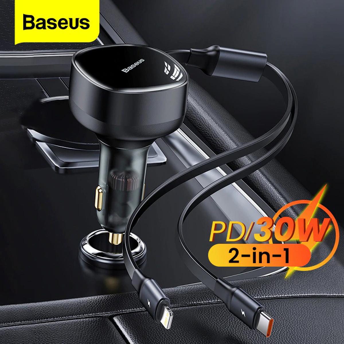 Picture of Baseus USB Car Charger Type C Quick Charge PD 30W Fast Car Charging Charger For iP 13 12 Pro 2 in 1 With Retractable Cable