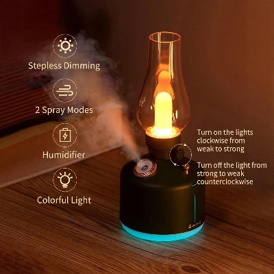 Picture of 280mL Kerosene Lamp Shaped Humidifier Diffuser With 7-color Light USB Cool Mist Humidifier Desktop Air Humidifier Stepless Dimming 2 Spray Modes