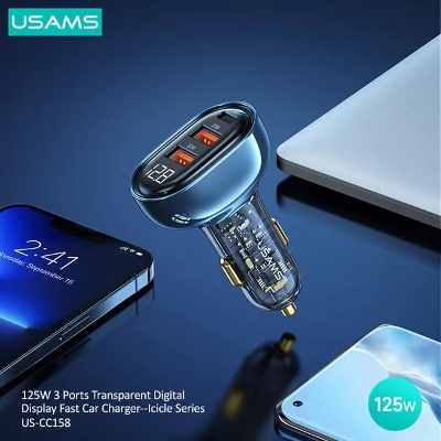Picture of USAMS US-CC158 125W 3 Ports Transparent Digital Display Fast Car Charger