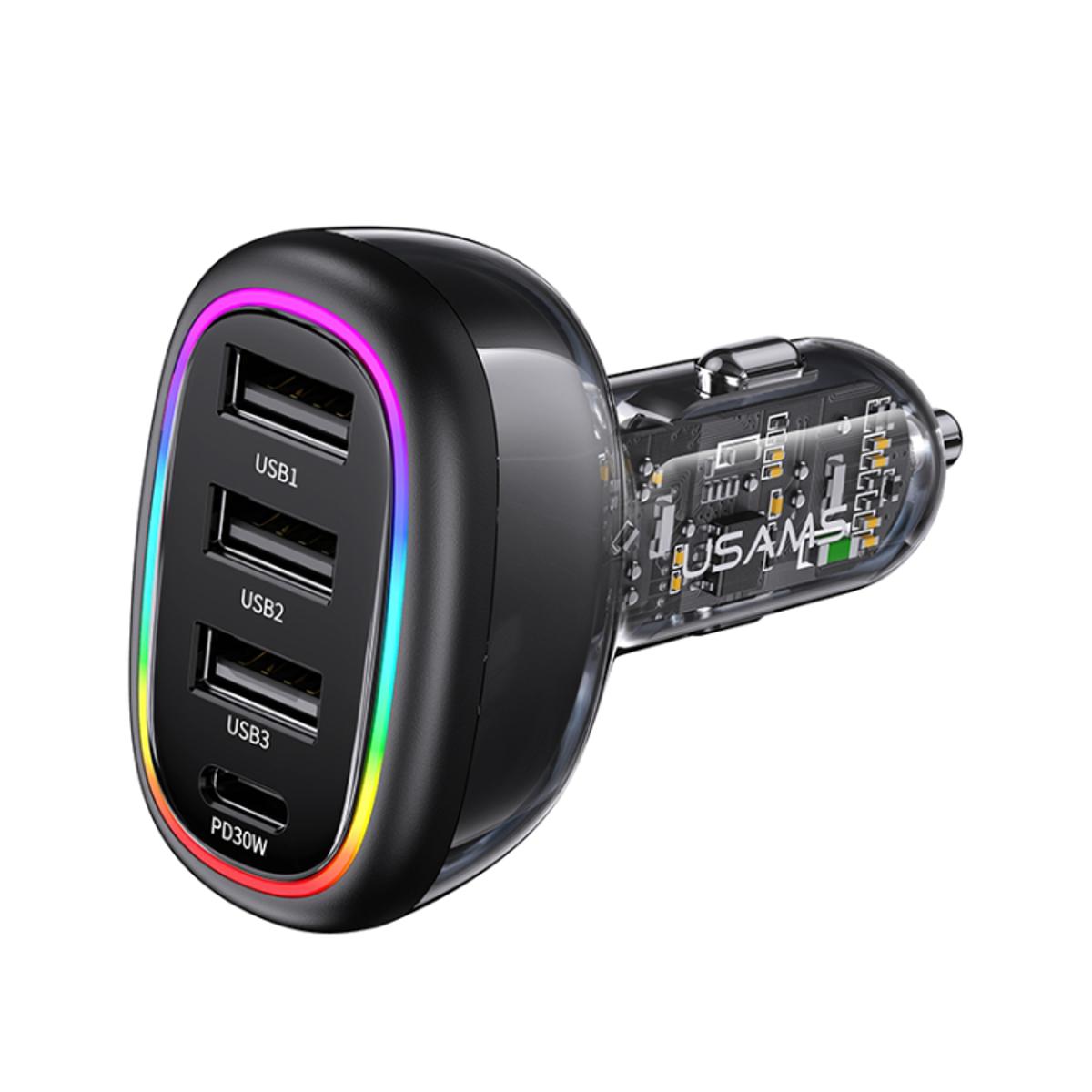 Picture of USAMS US-CC170 C34 PD30W 48W 4-port Transparent Car Fast Charger with Colorful Lights(Black)