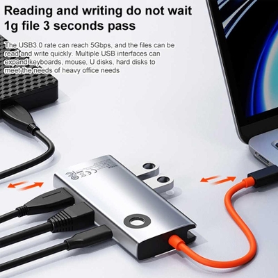 Picture of ROCK TR26 4 in 1 USB-C / Type-C to USB 3.0x3+RJ45 Portable Multifunctional HUB Docking Station