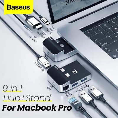 Picture of Baseus USB C Hub Adapter, 9-in-2 Dongle for MacBook_Pro_2021/2020/2019/2018/2017 with 4K HDMI, 2 Thunderbolt 3 ports, USB-C 5Gbps data port, 3 USB 3.0 ports, RJ45 Ethernet and 3.5mm