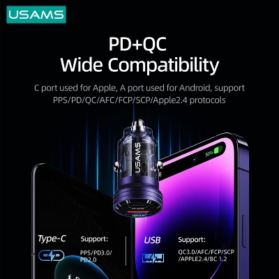 Picture of USAMS US-CC175 C35 45W Aluminum Alloy Transparent Dual USB Port Mini Car Charger-Black