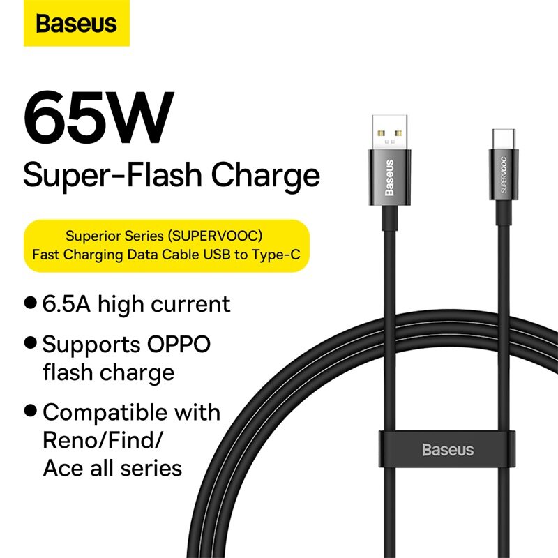 Picture of Baseus Supervooc PD65W USB To Type C Cables 6.5A Fast Charging Smart Phone Data Cable For OPPO Realme One Plus Xiaomi Charger-Black 1M