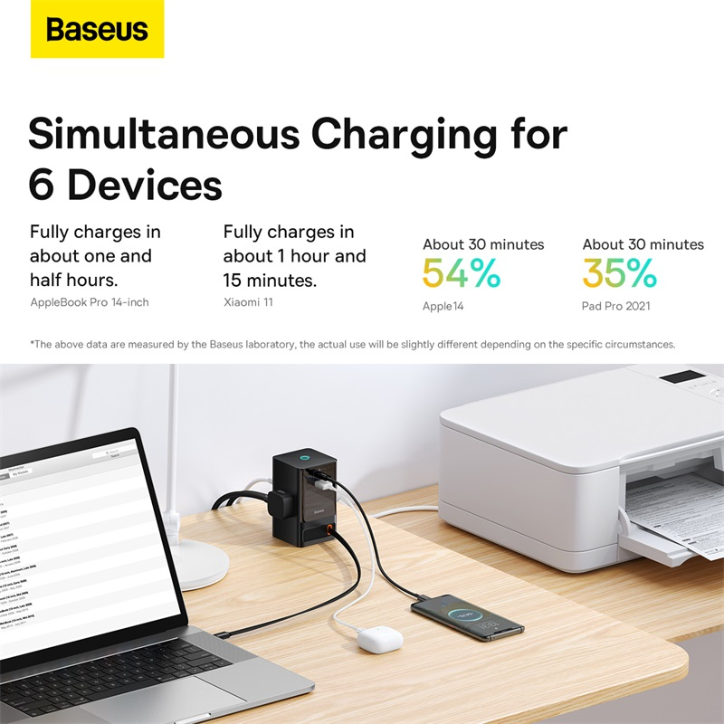 Picture of Baseus  65W Digital Power Strip Touch Control 3AC Sockets Surge Protector Retractable Cable GaN Fast Charging For iPhone14