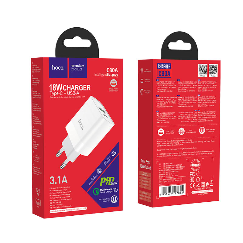 Picture of hoco C80A  Wall charger Rapido PD + QC3.0 EU plug