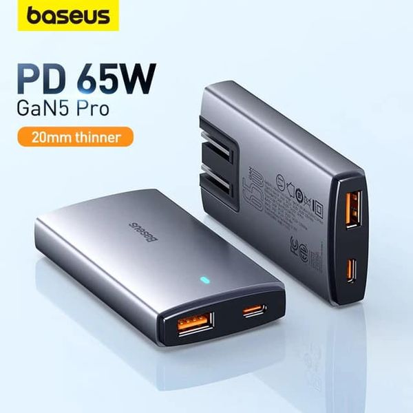 Picture of Baseus GaN5 Pro Ultra-Slim Fast Charger C+U 65W CN Type-C to Type-C 100W 1m Gray