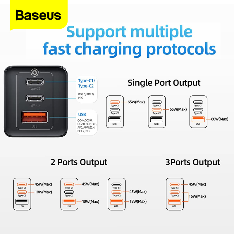 Picture of Baseus 65W GaN 3 Chagrer USB Type C Chagrer Quick Charge 4.0 3.0 PD Fast Chaging For iPhone 13 Pro Xiaomi Samsung Laptop Macbook