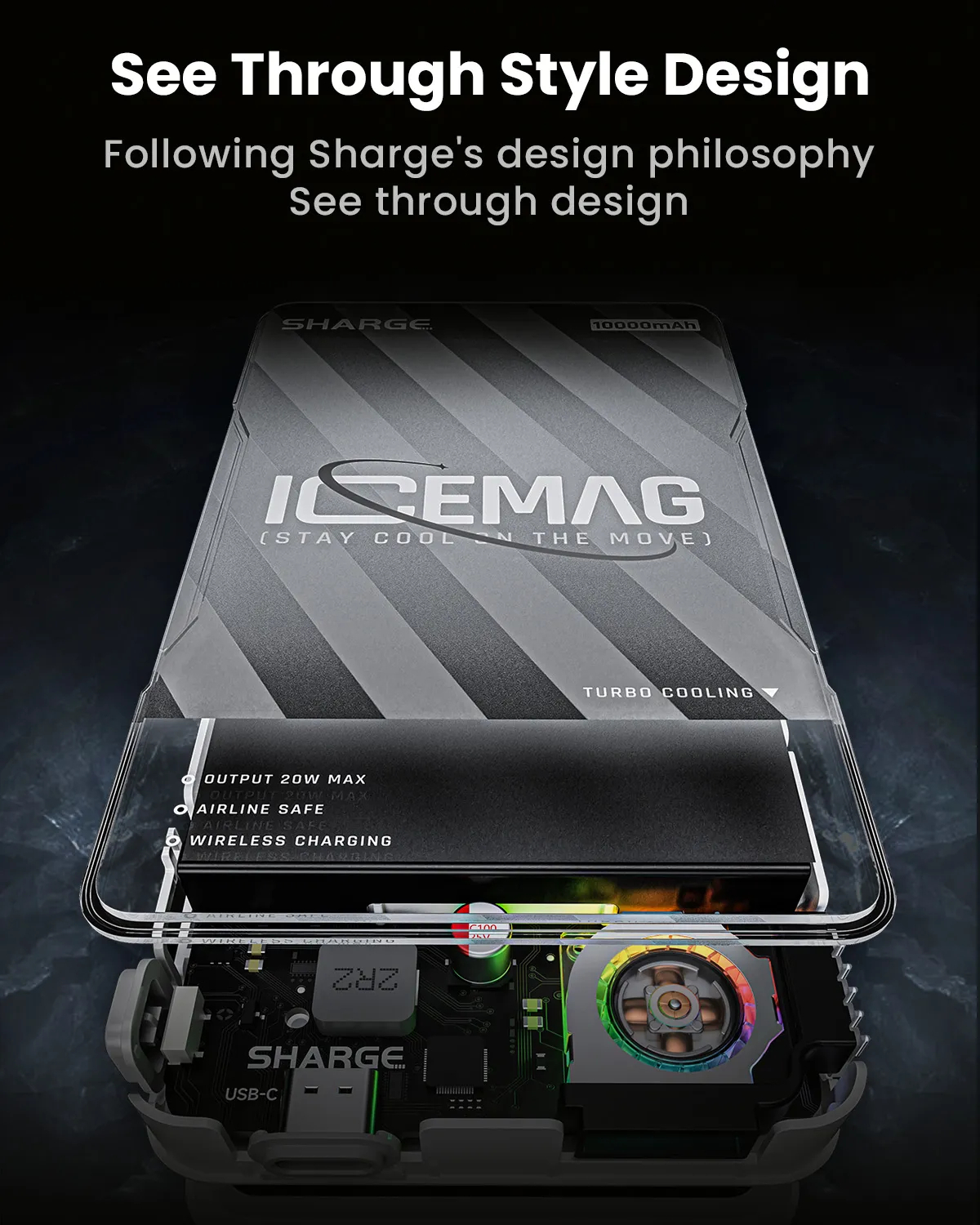 Picture of sharge ICEMAG Magnetic Power Bank, World's First 10000mAh Transparent Battery Pack with Active Cooling for Mag-Safe