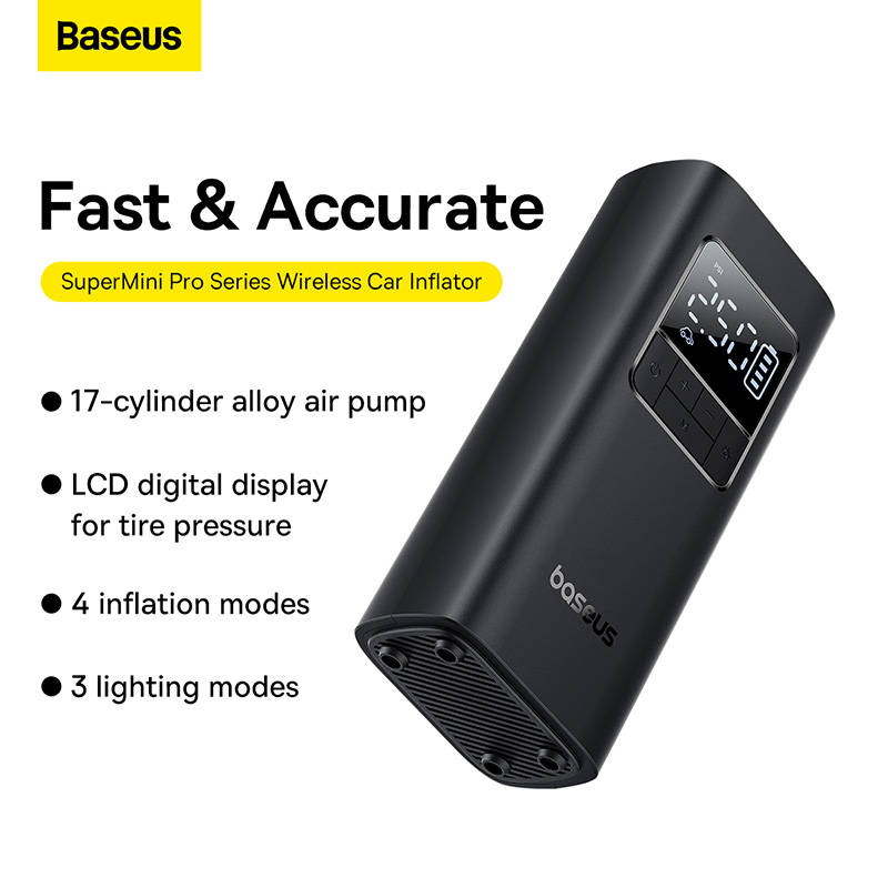Picture of বেসিউস Inflator Super Mini Pro Series 4000mAh Wireless Car Tire Pumper Inflator Cluster Black