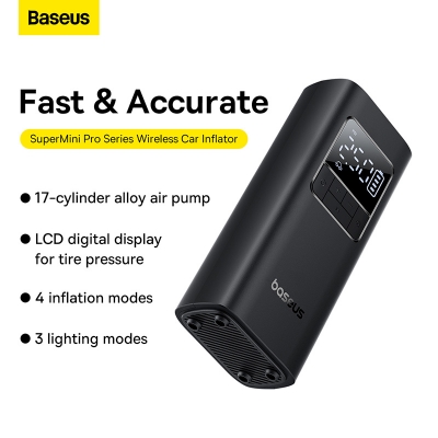 Picture of বেসিউস Inflator Super Mini Pro Series 4000mAh Wireless Car Tire Pumper Inflator Cluster Black