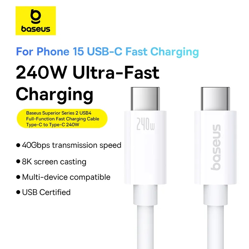 Picture of Baseus Cable Thunderbolt 4 Superior Series 2 USB4 8K 40gbps Full-Function Fast Charging Cable Type-C to Type-C 240W 1m Moon White