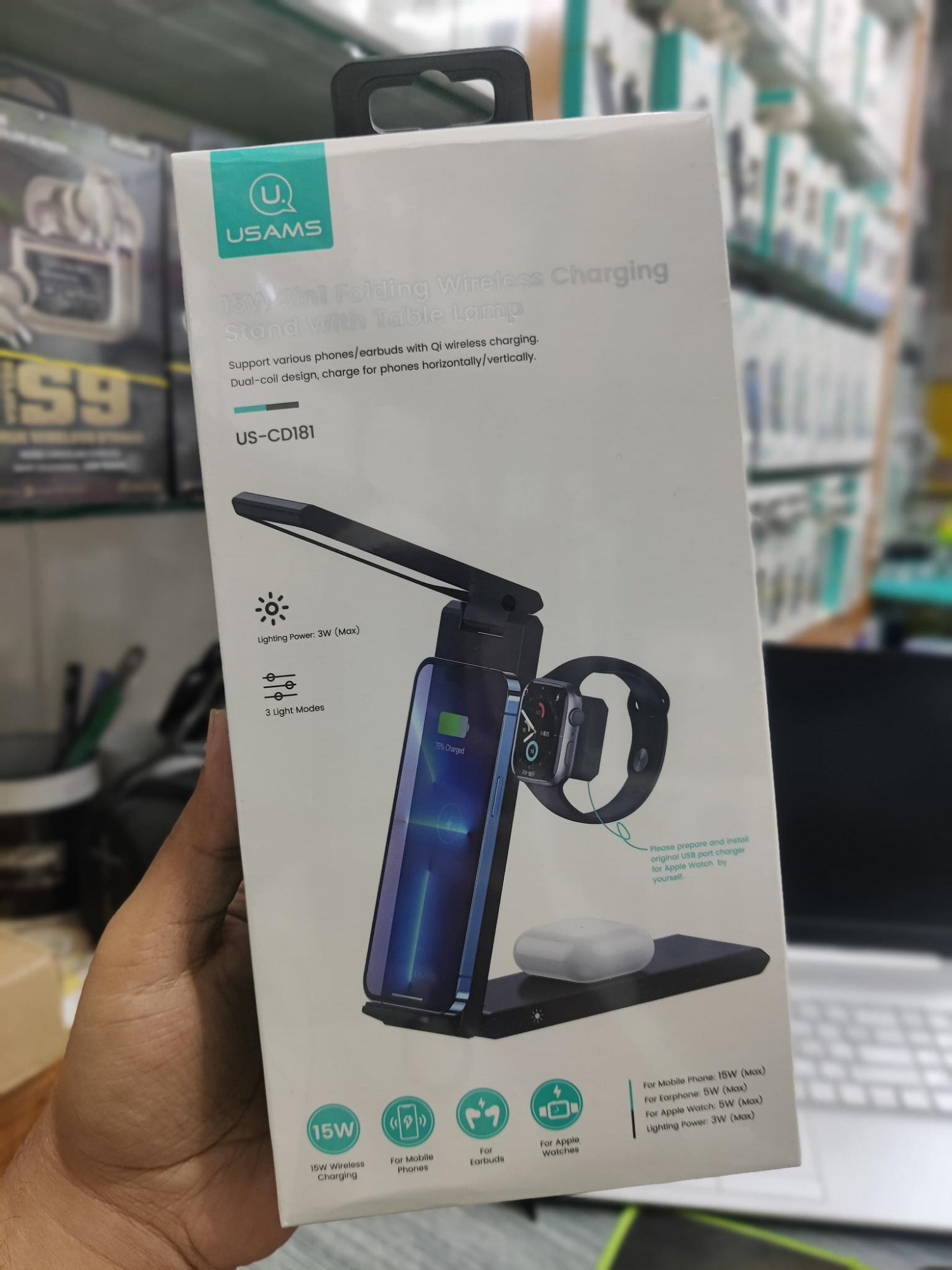 Picture of Usams US-CD181 15W 3in1 Folding Wireless Charging Stand with Table Lamp