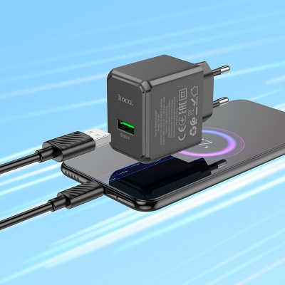 Picture of hoco Wall charger CS12A USB-A to Micro-USB -A to Type C  Ocean QC3.0 EU cable set  QC3.0