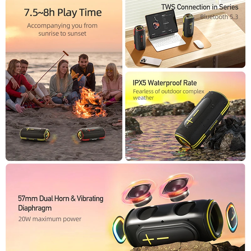 Picture of Awei KA5 2400mah Bluetooth Speaker 3D Stereo Bass Bluetooth Sound Box Portable IPX5 Waterproof TWS Boom Box Long Battery Life