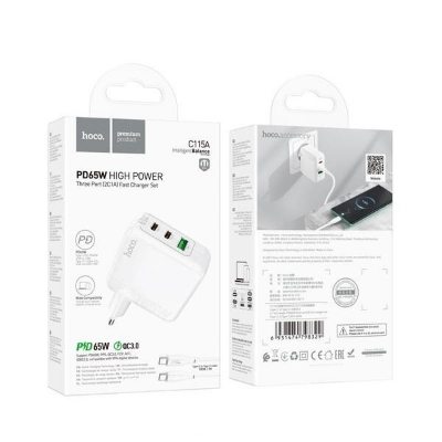 Picture of Hoco C115A 65W GaN 3-Port PD Fast Charger (2 Type-C + USB Port) for iPhone 14 pro Max 13 12 11