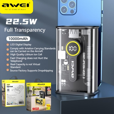 Picture of Awei P165K 10000mAh 22.5w Transparent Fast Charging Power bank