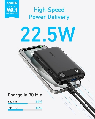 Picture of Anker A1257 Power Bank, 10,000mAh Portable Charger with Built-in USB-C Cable and Lanyard, 22.5W Max Output with 2 USB-C and 1 USB-A Port, Battery Pack for iPhone 15/14, Galaxy S23, iPad, AirPods