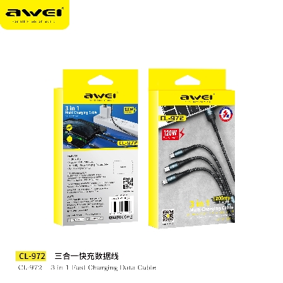 Picture of Awei Cl-972 120W 3In1 Fast Charging Cable 1.2M - Type C Cable