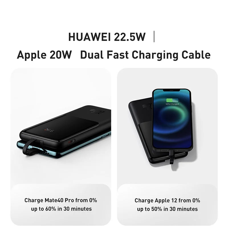 Picture of Baseus 22.5W Power Bank 10000mAh with 5A 20W PD Portable Type c . Iphone  Fast Charging Built-in 2 Cables