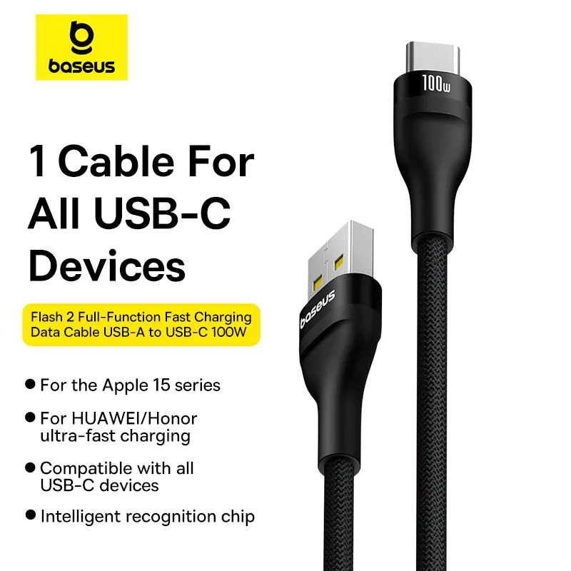 Picture of Baseus Flash 2 USB To Type-C Cable For Iphone 15 Series Samsung Pixel Oneplus Huawei Black
