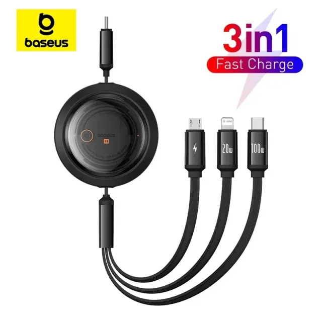 Picture of Baseus Retractable Cable Free2Draw Crystal Fast Charging USB to Micro Lightning Type-c 3.5A 1.1m Black