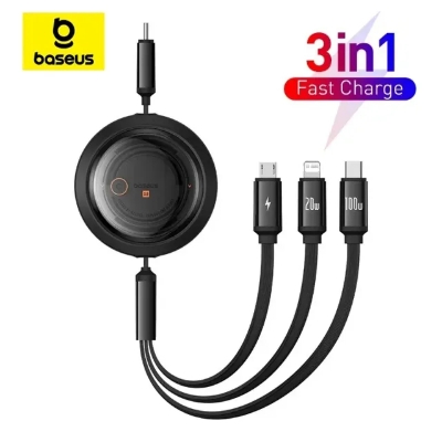 Picture of Baseus Retractable Cable Free2Draw Crystal Fast Charging USB to Micro Lightning Type-c 3.5A 1.1m Black
