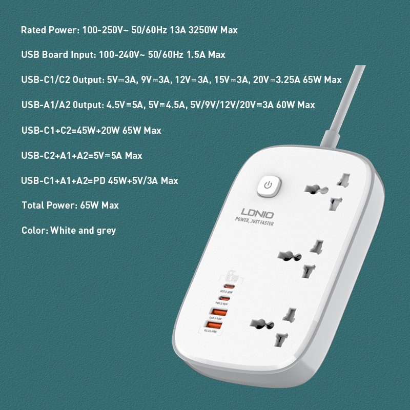 Picture of LDNIO SC3416 Universal Electrical Cord Strip 3 Outlets 4 GaN USB Port Multi Power Strip Plug Boar Extension Socket 65W 4-Port USB Charger