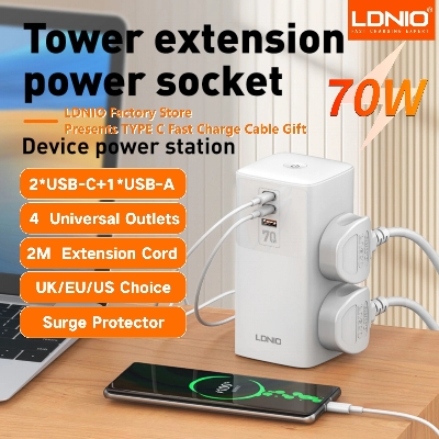 Picture of LDNIO SC4383 - Tower Extension Power Socket - Desktop Power Station 70W MAX - Multifunction Socket with USB Port