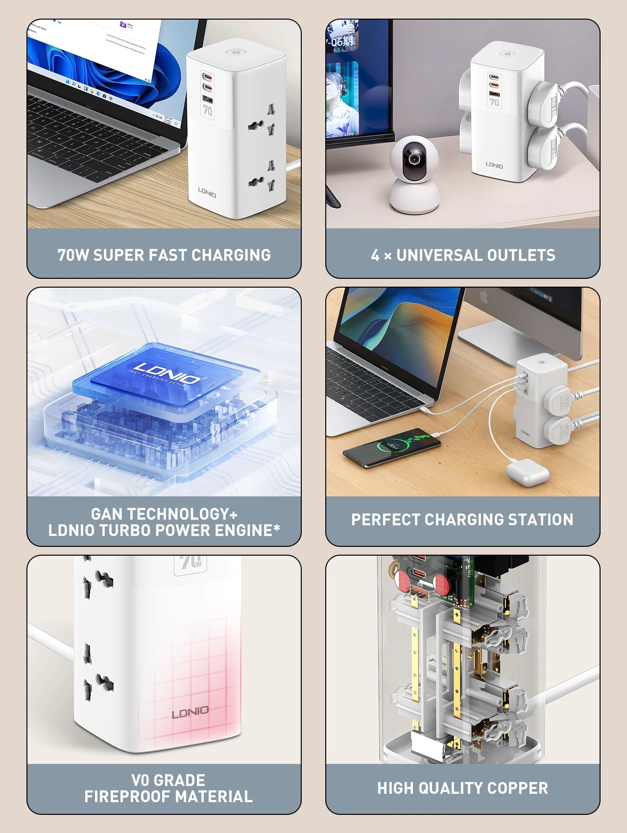 Picture of LDNIO SC4383 - Tower Extension Power Socket - Desktop Power Station 70W MAX - Multifunction Socket with USB Port