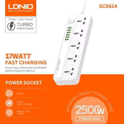 Picture of LDNIO SC5614 DEFENDER SERIES Power Strip Surge Protector with 5 AC Outlets and 6 USB Charging Ports 2M Long Extension Cord For Home and Office White