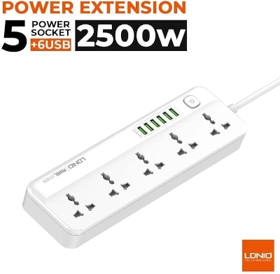 Picture of LDNIO SC5614 DEFENDER SERIES Power Strip Surge Protector with 5 AC Outlets and 6 USB Charging Ports 2M Long Extension Cord For Home and Office White