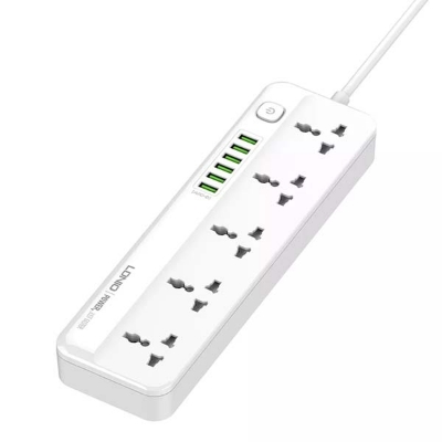 Picture of LDNIO SC5614 DEFENDER SERIES Power Strip Surge Protector with 5 AC Outlets and 6 USB Charging Ports 2M Long Extension Cord For Home and Office White