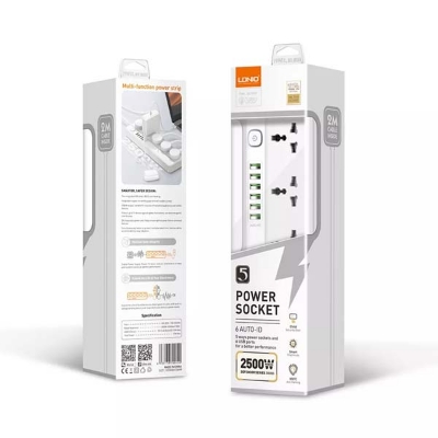 Picture of LDNIO SC5614 DEFENDER SERIES Power Strip Surge Protector with 5 AC Outlets and 6 USB Charging Ports 2M Long Extension Cord For Home and Office White