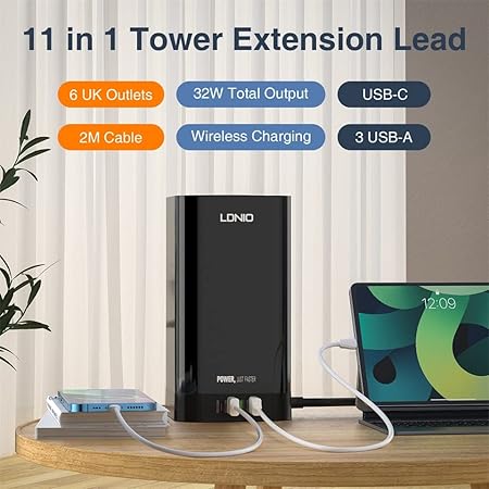 Picture of LDNIO SEW4485 Multiple 2500W EU Outlets 32W USB Output Wireless Charging Rated Power Tower Power Strip