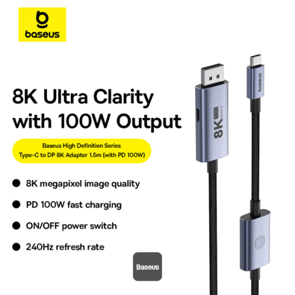 Picture of Baseus High Definition Series Type-C to DP 8K 60Hz Ultra Clarity Adapter With 100W PD Cable & ON/OFF Button 1.5M - Black