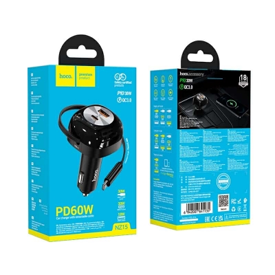 Picture of Hoco NZ15 PD60W Car Charger with Retractable cable in car Type-C mobile phone Quick fast Chargers