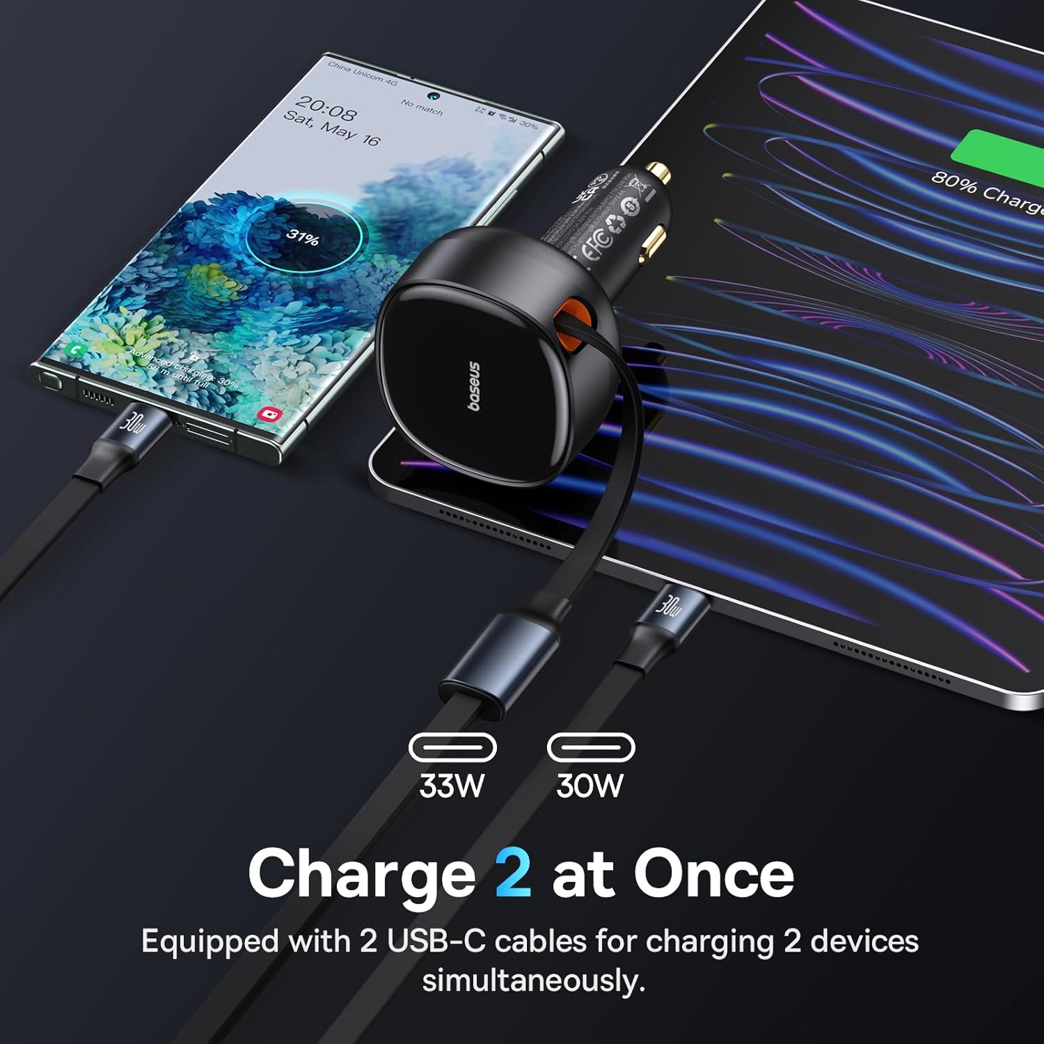 Picture of বেসিউস  USB C Car Charger, Retractable  Dual Type C Car Charger 2-in-1 Car Charger 33W, Fast Car Charger Adapter