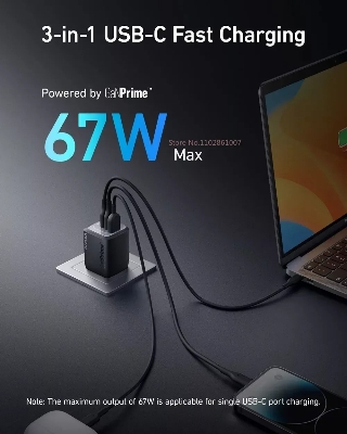 Picture of Anker Prime GaN 67W A2669 Multi Port Charger USB C Compact Plug TypeC Fast Charging Suitable For MacBook Laptops Phones