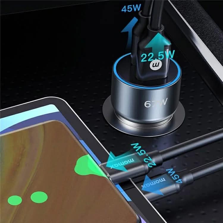 Picture of Momax MoVe 67W Dual Port Car Charger (UC16) | Type-C+USB-A output: 45W+22.5W (MAX).