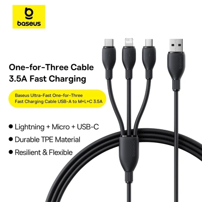 Picture of BASEUS Ultra-Fast 3 in 1 Fast Charging Cable USB to Micro USB Lightning USB-C 3.5A 1.3m