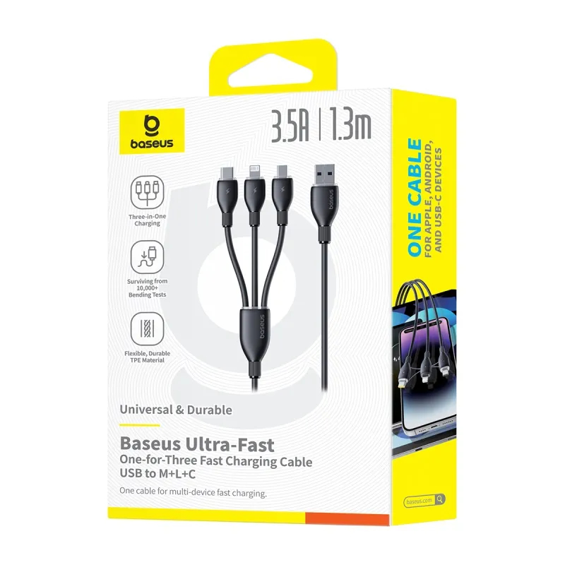 Picture of BASEUS Ultra-Fast 3 in 1 Fast Charging Cable USB to Micro USB Lightning USB-C 3.5A 1.3m