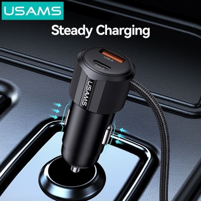 Picture of USAMS CC287 66W 2-in-1 Car Charger with Built-in USB C + Lightning 1.2m Cable