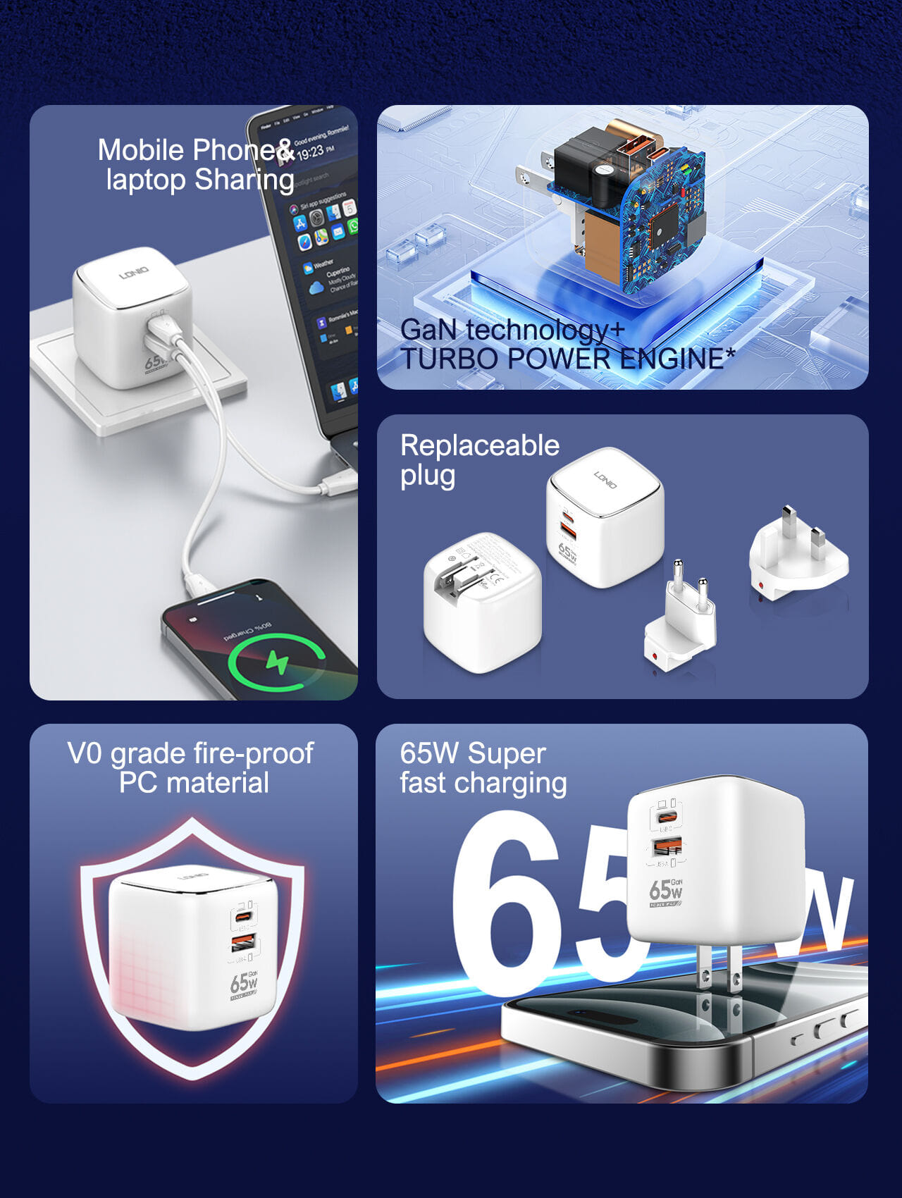 Picture of LDNIO Q2617 USB-C 65W Power Adapter Fast Plug Charging Block PD QC Type-c Usb A Type C Wall Charger