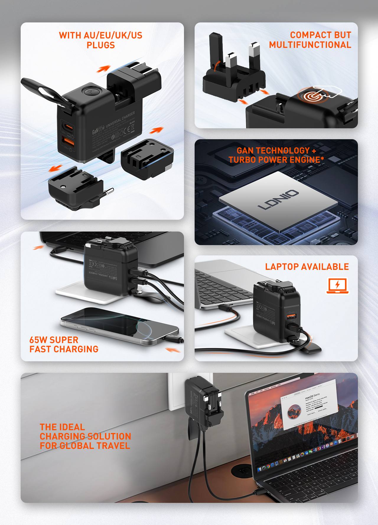 Picture of LDNIO Q2618 65W 2-Port Portable Travel Charger USB-C+USB-A QC3.0 2.0 AFC FCP SCP Fast Charging Wall Charger Adapter Built-in EU/US/UK/AU Plug