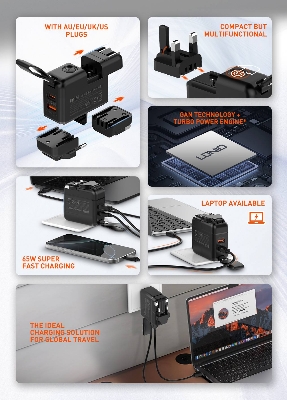 Picture of LDNIO Q2618 65W 2-Port Portable Travel Charger USB-C+USB-A QC3.0 2.0 AFC FCP SCP Fast Charging Wall Charger Adapter Built-in EU/US/UK/AU Plug