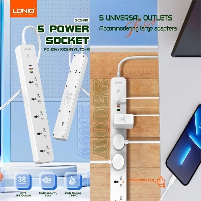 Picture of LDNIO SC5319 Power Strip Multi Protection with 5 AC Outlets + 2 USB +PD Extension Power Cord