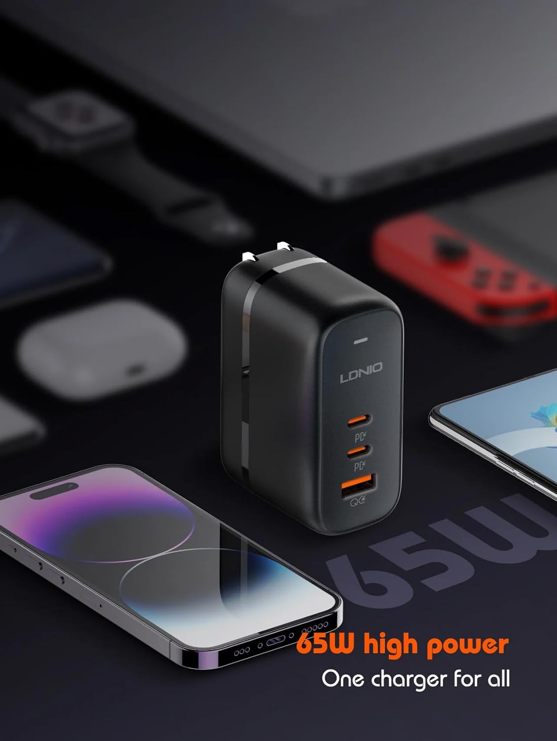 Picture of LDNIO Q366 GaN 65W PD QC4.0+ Triple Port Fast Charger - USB-C Power Delivery Travel Adapter for iPhone & Android Devices
